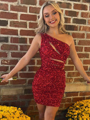 Red Sequin Bodycon One Shoulder Short Homecoming Dress