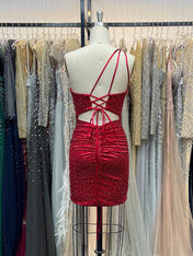 Red Sheath One Shoulder Short Homecoming Dress with Beading