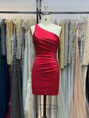Red Sheath One Shoulder Short Homecoming Dress with Beading