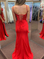 Red Spaghetti Straps Appliques Long Prom Dress with Slit