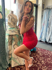 Red Spaghetti Straps Beaded Short Tight Homecoming Dress
