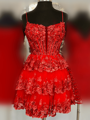 Red Spaghetti Straps Lace Appliques Ruffle Short Homecoming Dress