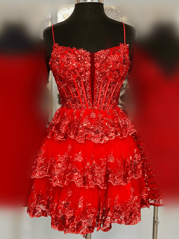 Red Spaghetti Straps Lace Appliques Ruffle Short Homecoming Dress