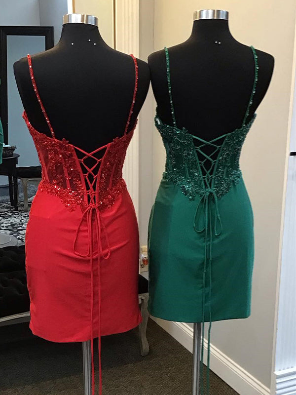 Red Spaghetti Straps Ruched Bodycon Short Homecoming Dress with Appliques