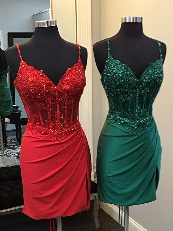 Red Spaghetti Straps Ruched Bodycon Short Homecoming Dress with Appliques