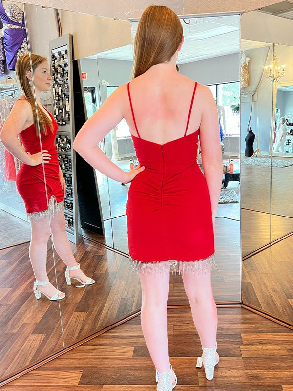 Red Spaghetti Straps Ruched Tassels Bodycon Short Homecoming Dress