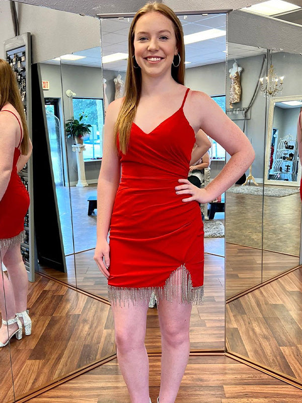 Red Spaghetti Straps Ruched Tassels Bodycon Short Homecoming Dress