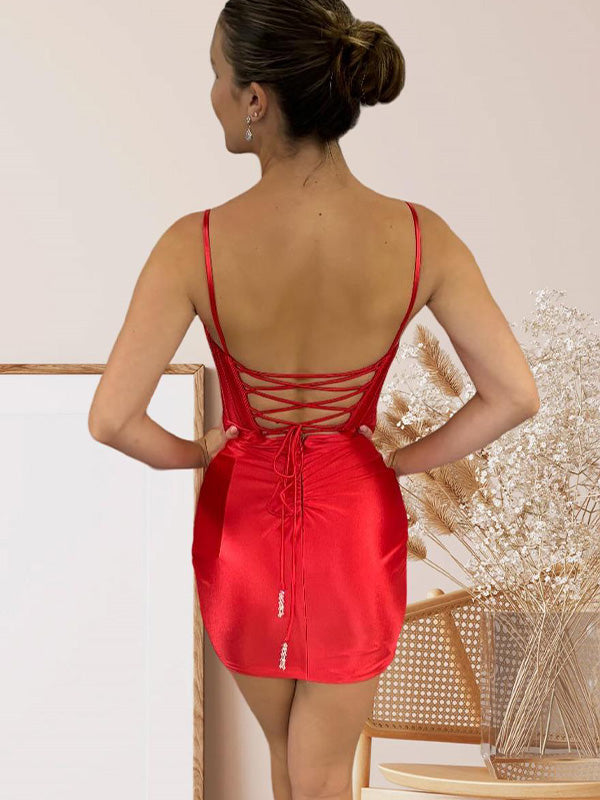 Red Spaghetti Straps Satin Tight Homecoming Dress with 3D Flowers