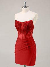 Red Strapless Corset Ruched Sequins Short Tight Homecoming Dress