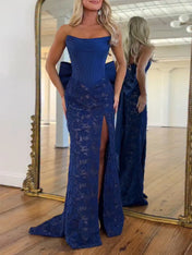 Red Strapless Satin Corset Lace Prom Dress with Oversized Bow