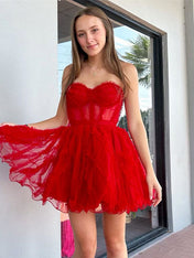 Red Strapless Tulle A-Line Short Homecoming Dress With Belt