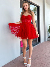 Red Strapless Tulle A-Line Short Homecoming Dress With Belt