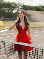 Red Straps Appliques Tiered Ruffle Short Homecoming Party Dress