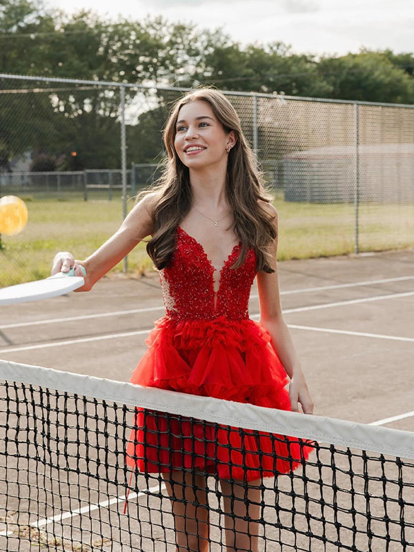 Red Straps Appliques Tiered Ruffle Short Homecoming Party Dress