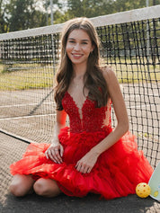 Red Straps Appliques Tiered Ruffle Short Homecoming Party Dress