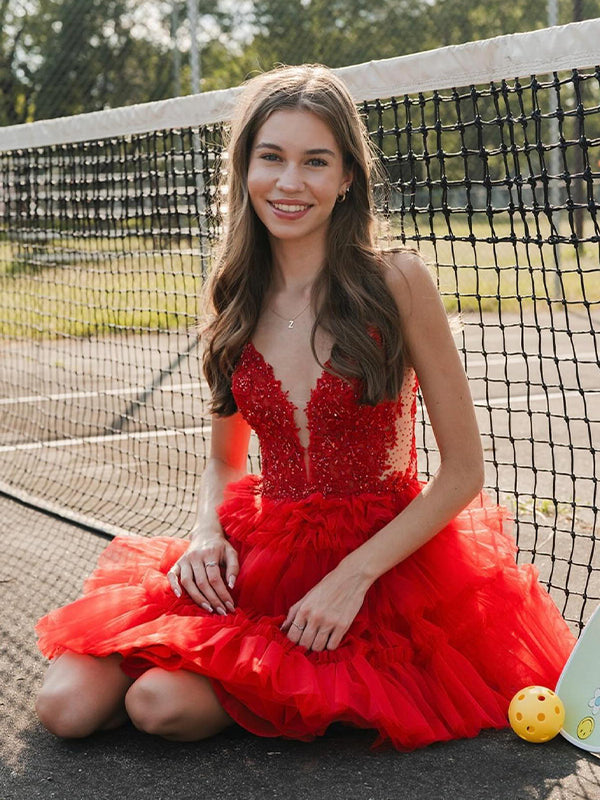 Red Straps Appliques Tiered Ruffle Short Homecoming Party Dress