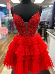 Red Straps Appliques Tiered Ruffle Short Homecoming Party Dress