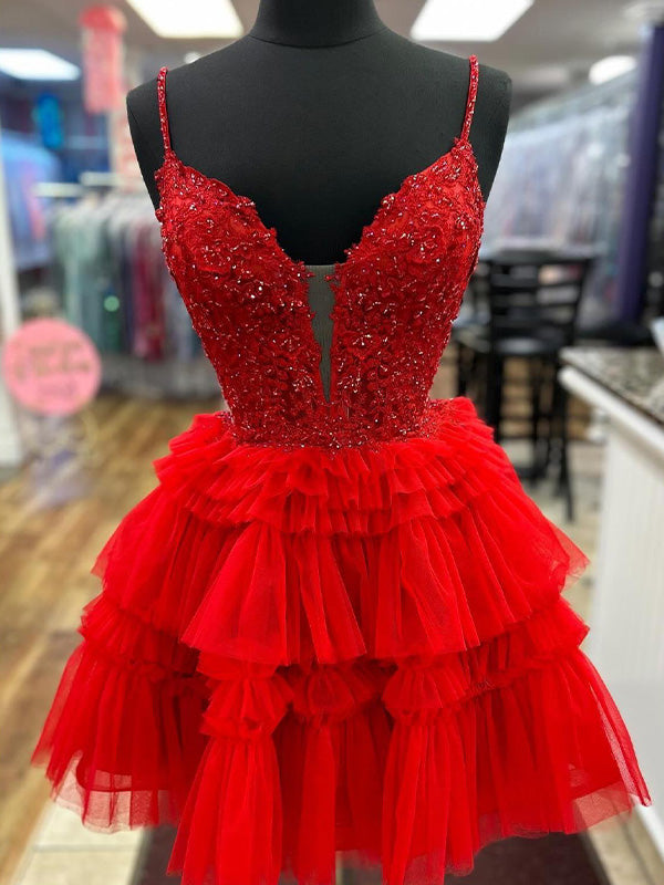 Red Straps Appliques Tiered Ruffle Short Homecoming Party Dress
