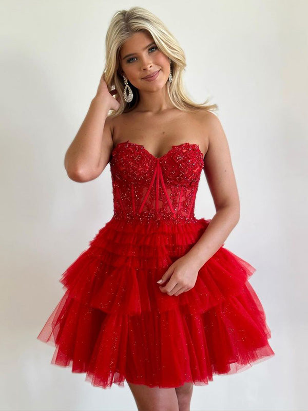 Red Sweetheart A-Line Short Tulle Homecoming Dress