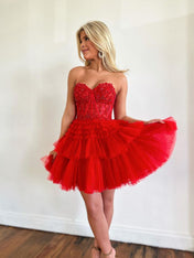 Red Sweetheart A-Line Short Tulle Homecoming Dress