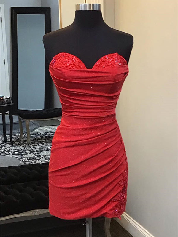 Red Sweetheart Appliques Ruched Short Homecoming Dress