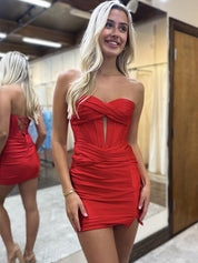 Red Sweetheart Bodycon Short Satin Homecoming Dress With Slit
