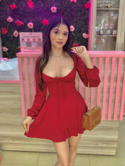 Red Sweetheart Long Sleeves Tiered Short Homecoming Dress