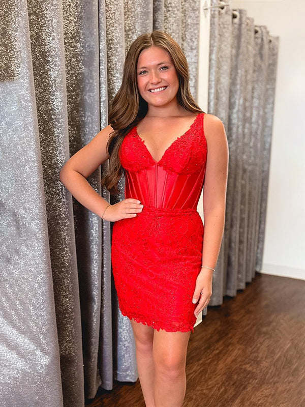 Red V-Neck Lace Beaded Bodycon Short Homecoming Dress