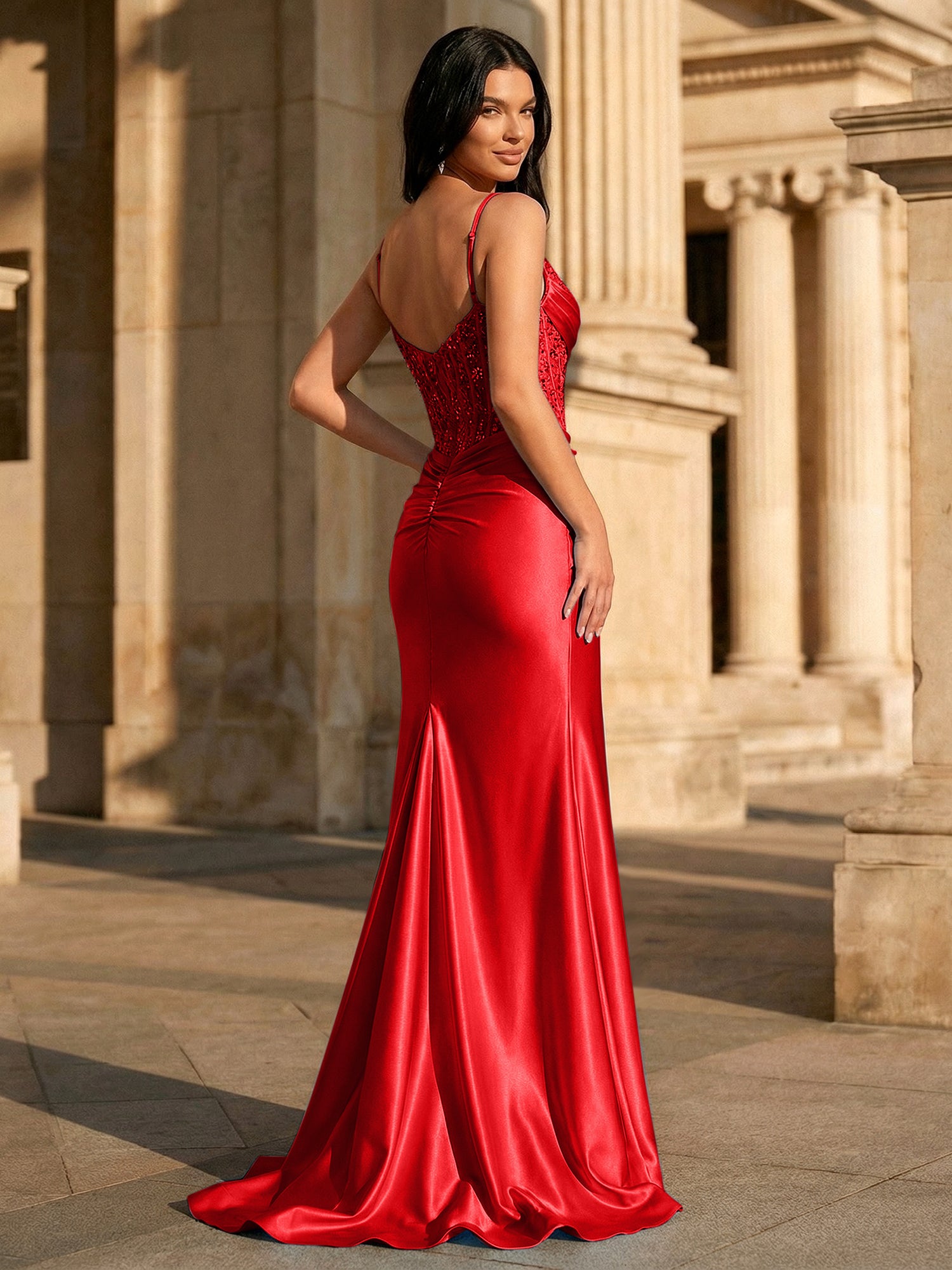 Sky Blue Satin Corset Long Prom Dress with Draped Neckline