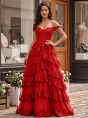 Emerald Green Lace Corset Tiered Ruffle Long Prom Dress with Slit