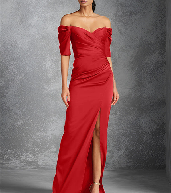 Column Off-the-Shoulder Short Sleeves Floor-Length Mother of the Bride Dresses With Split Front