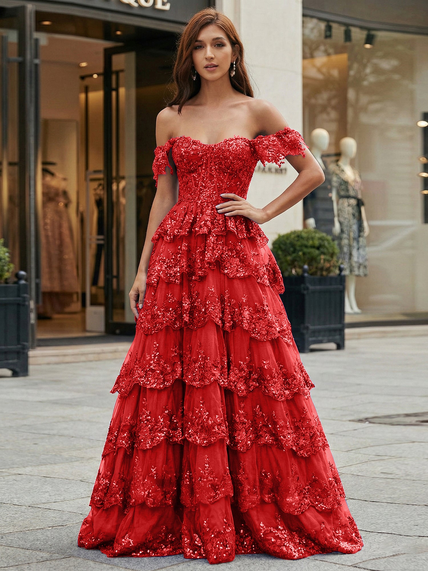 Royal Blue Off-the-Shoulder Sequin Lace Tiered Corset Prom Dress