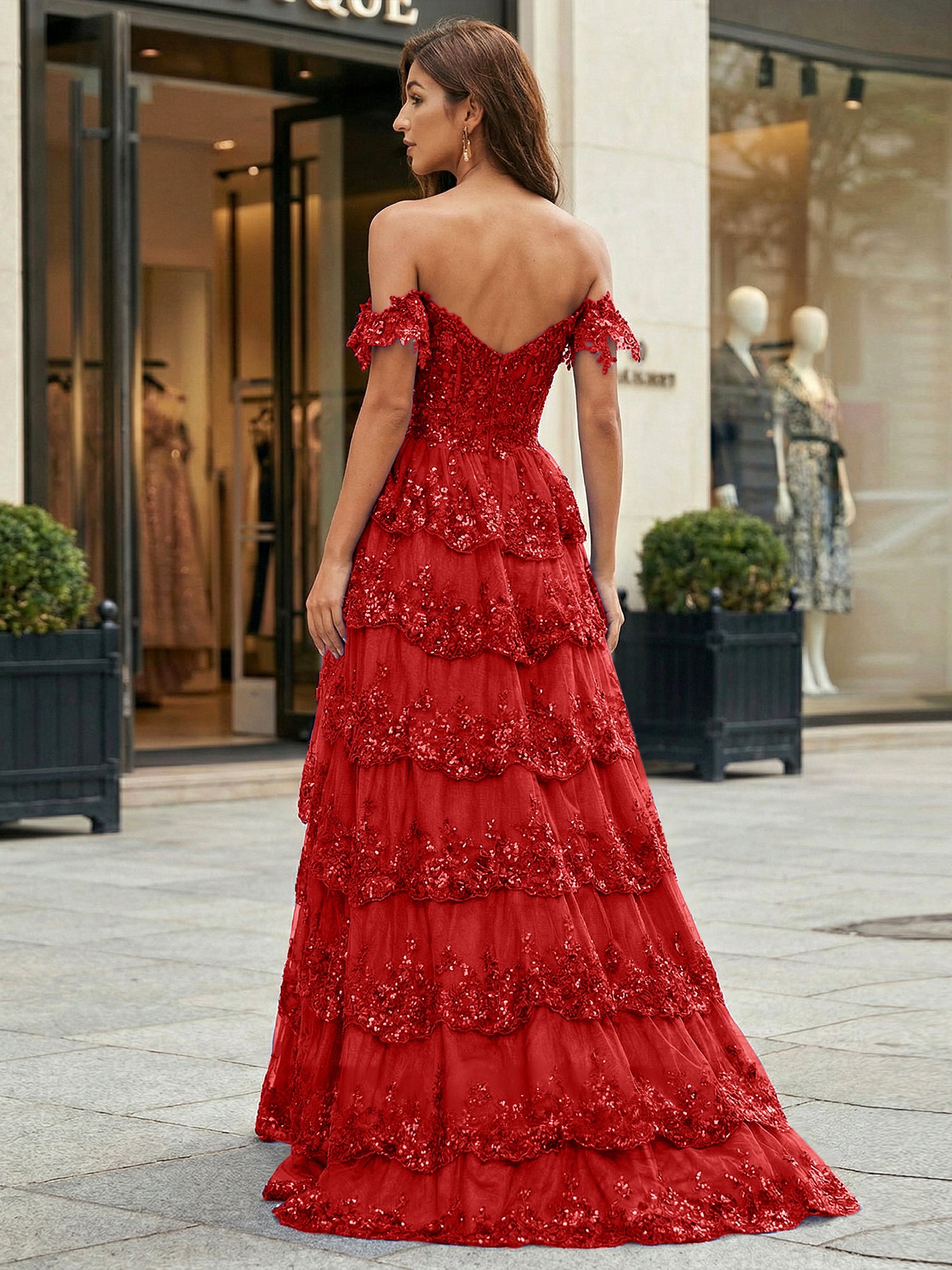 Royal Blue Off-the-Shoulder Sequin Lace Tiered Corset Prom Dress