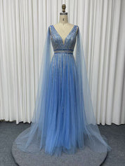 Regal Beaded Bodice Gown with Floor-Length Capes