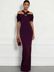 Regal Plum Crepe Column Gown with Satin Criss-Cross Halter Maxi Dress