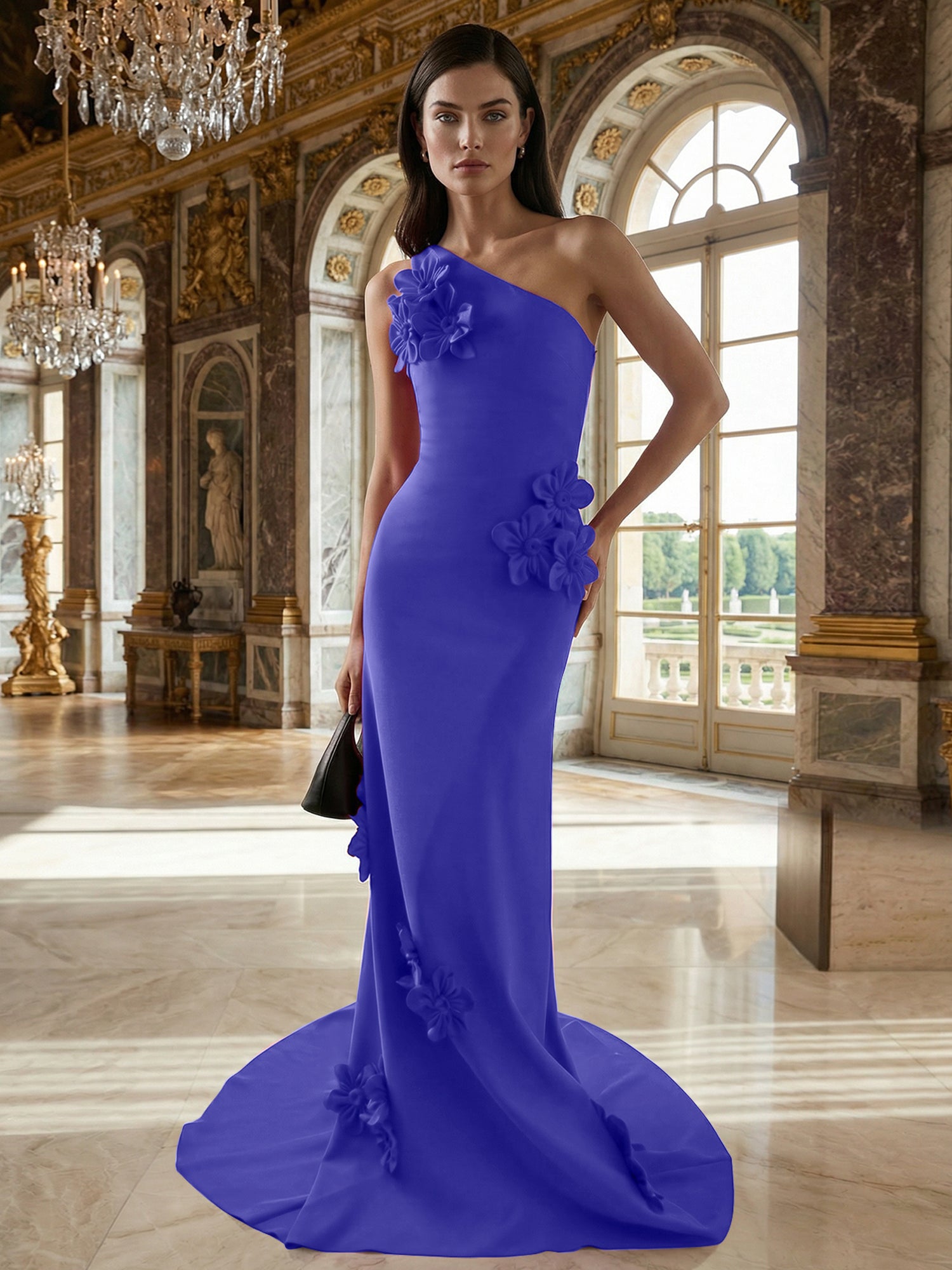 A Line One Shoulder Sleeveless Floor Length Stretch Crepe Dress With 3D Flowers