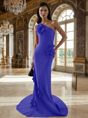 A Line One Shoulder Sleeveless Floor Length Stretch Crepe Dress With 3D Flowers