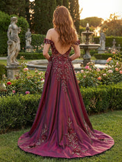 Regal Burgundy Floral A-Line Prom Dress with Iridescent Sheen