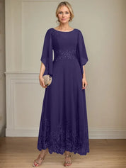 Robe de mère de la mariée trapèze en mousseline de soie et dentelle, longueur cheville, décolleté en V, illusion, avec paillettes 
