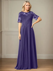 A Line Chiffon Scoop Neck Short Sleeves Floor Length Mother of the Bride Dresses