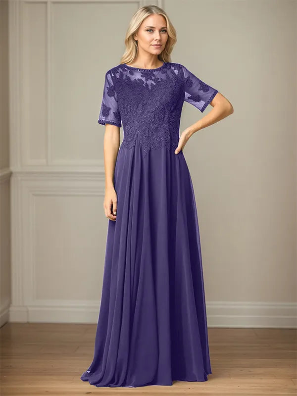 A Line Chiffon Scoop Neck Short Sleeves Floor Length Mother of the Bride Dresses