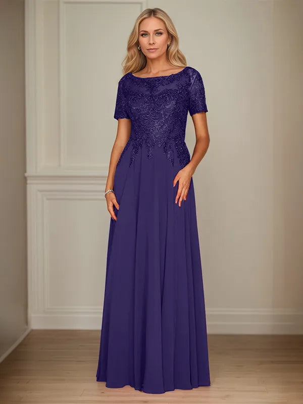 A Line Chiffon Boat Neck Short Sleeves Floor Length Mother of the Bride Dresses