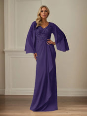 Sheath/Column Chiffon V Neck Long Sleeves Floor Length Mother of the Bride Dresses With Appliques