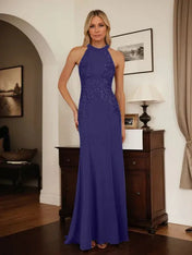 Dusty Blue Sheath Halter Long Mother of Bride Dress With Appliques