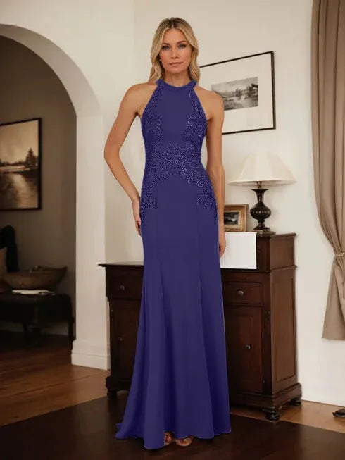 Dusty Blue Sheath Halter Long Mother of Bride Dress With Appliques