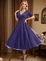 A-line V-Neck Tea-Length Tulle Lace Mother of the Bride Dress With Pleated