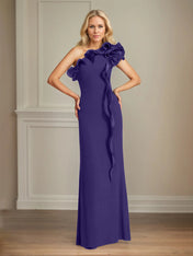 Navy Stretch Crepe Sheath/Column One Shoulder Floor Length Mother of the Bride Dresses With Ruffles