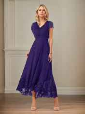 A Line V Neck Flutter Sleeve Ankle Length Chiffon Dress With Appliques