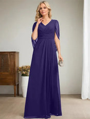 Dark Navy A-Line V-Neck Long Mother of Bride Dress