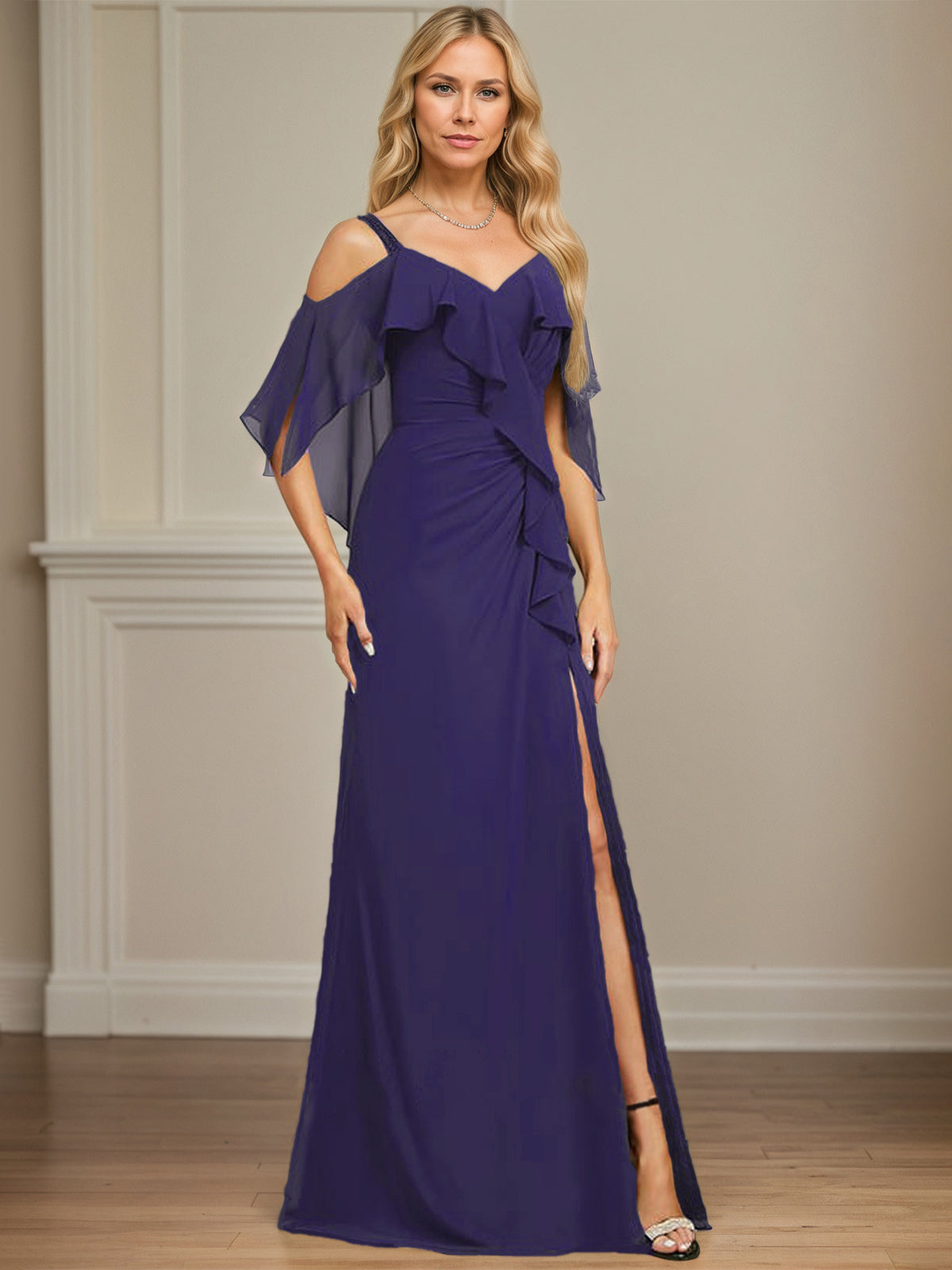 Sheath/Column Cold Shoulder V-Neck Floor-Length Chiffon Dress With Cascading Ruffles Sequins Beading